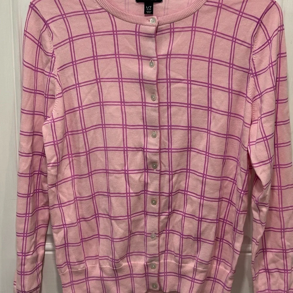 Lands' End Cardigan Sweater Lightweight Button Pink Window Pane Size L